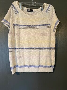 The North Face Cream Short Sleeve Striped Knit Tee with Blue & Yellow Accents